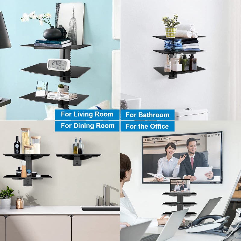 suptek 3 Floating Shelf Wall Bracket with Strengthened Tempered Glass for DVD Players/Cable Boxes/Games Consoles/TV Accessories, 3 Shelves, Black, CS303 - Image 5